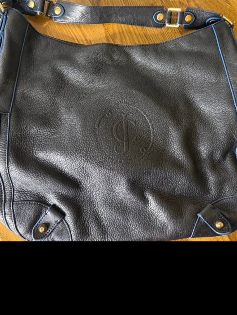 Juicy Couture Black Leather Messenger Bag with Blue Piping